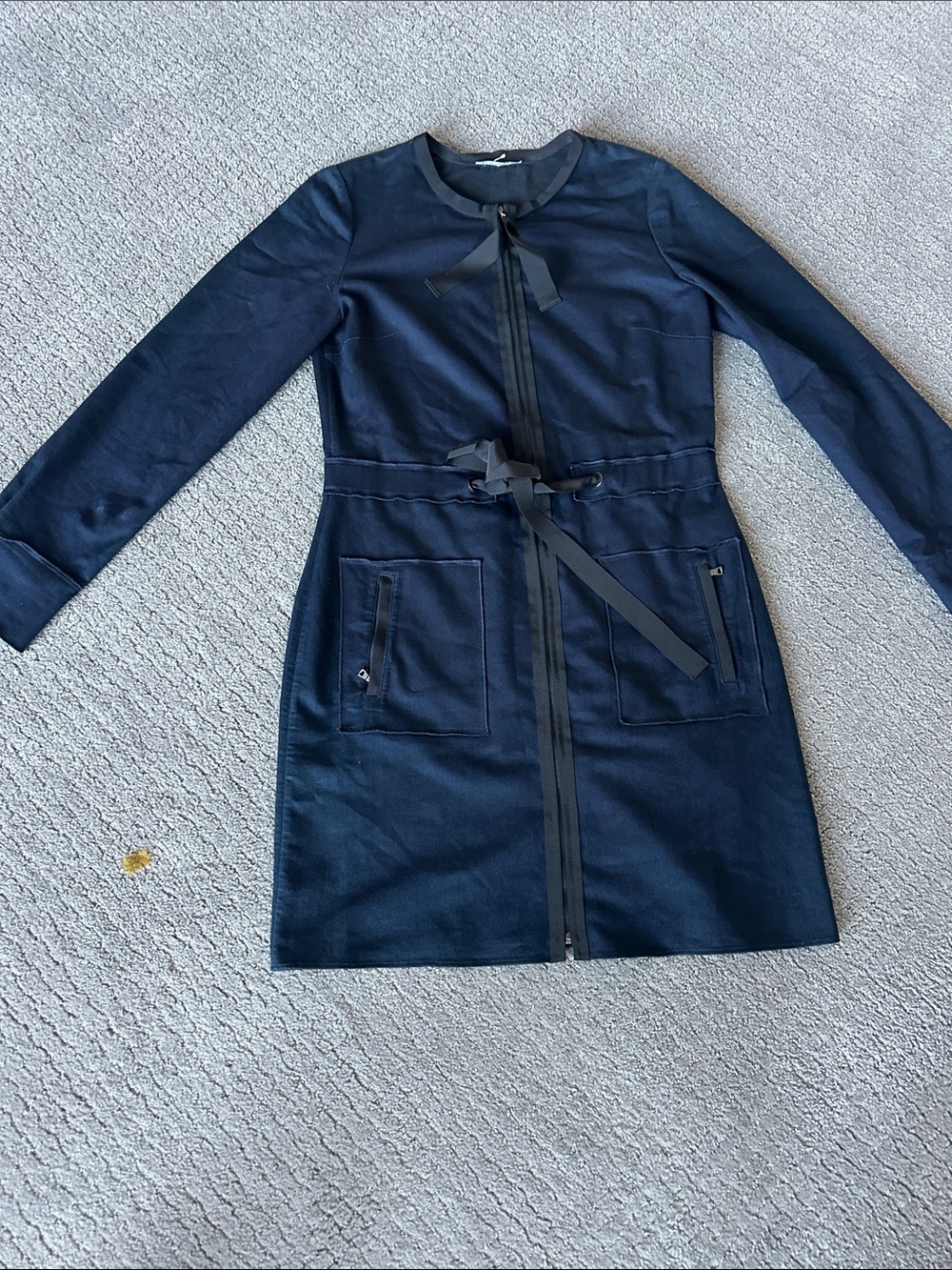 Elie Tahari Navy Long-Sleeve Zip-Front Dress with Waist Tie
